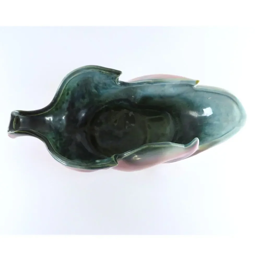 Vintage Hull Leaf Console Bowl USA 78 Pink and Green MCM Art Pottery Centerpiece